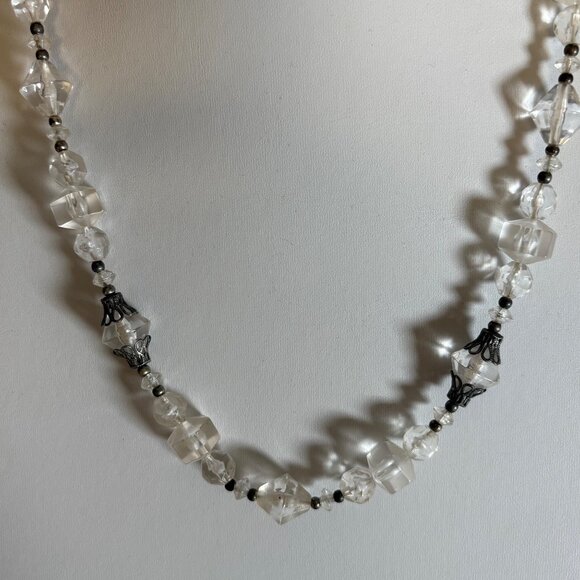 Vintage 1940s Clear Lucite Bead Necklace Silver Tone Spacers Art Deco 25 inch - Picture 3 of 10